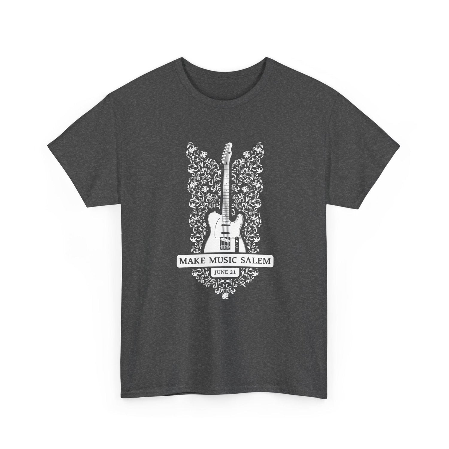 Make Music Day Salem Floral Guitar White Logo T-Shirt T-Shirt Printify - RiverCity Rockstar Academy Music Store, Salem Keizer Oregon
