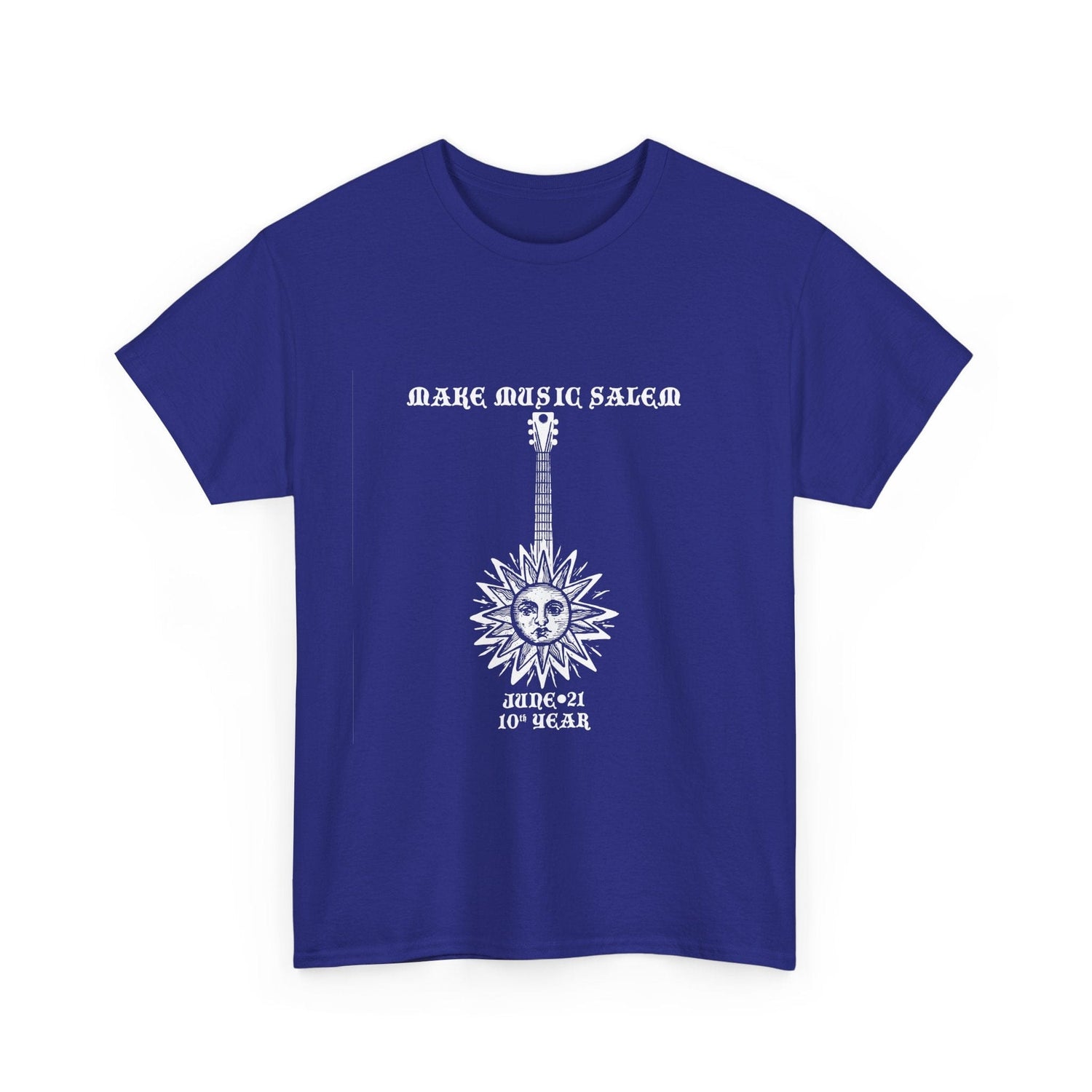 White Make Music Day Salem Sun Guitar Logo T-Shirt showcasing a vibrant music-themed design for musicians and fans