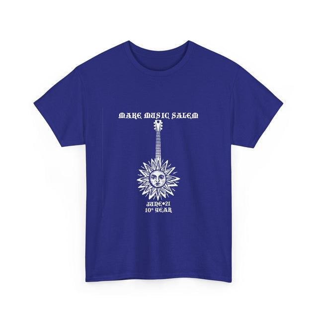 White Make Music Day Salem Sun Guitar Logo T-Shirt showcasing a vibrant music-themed design for musicians and fans