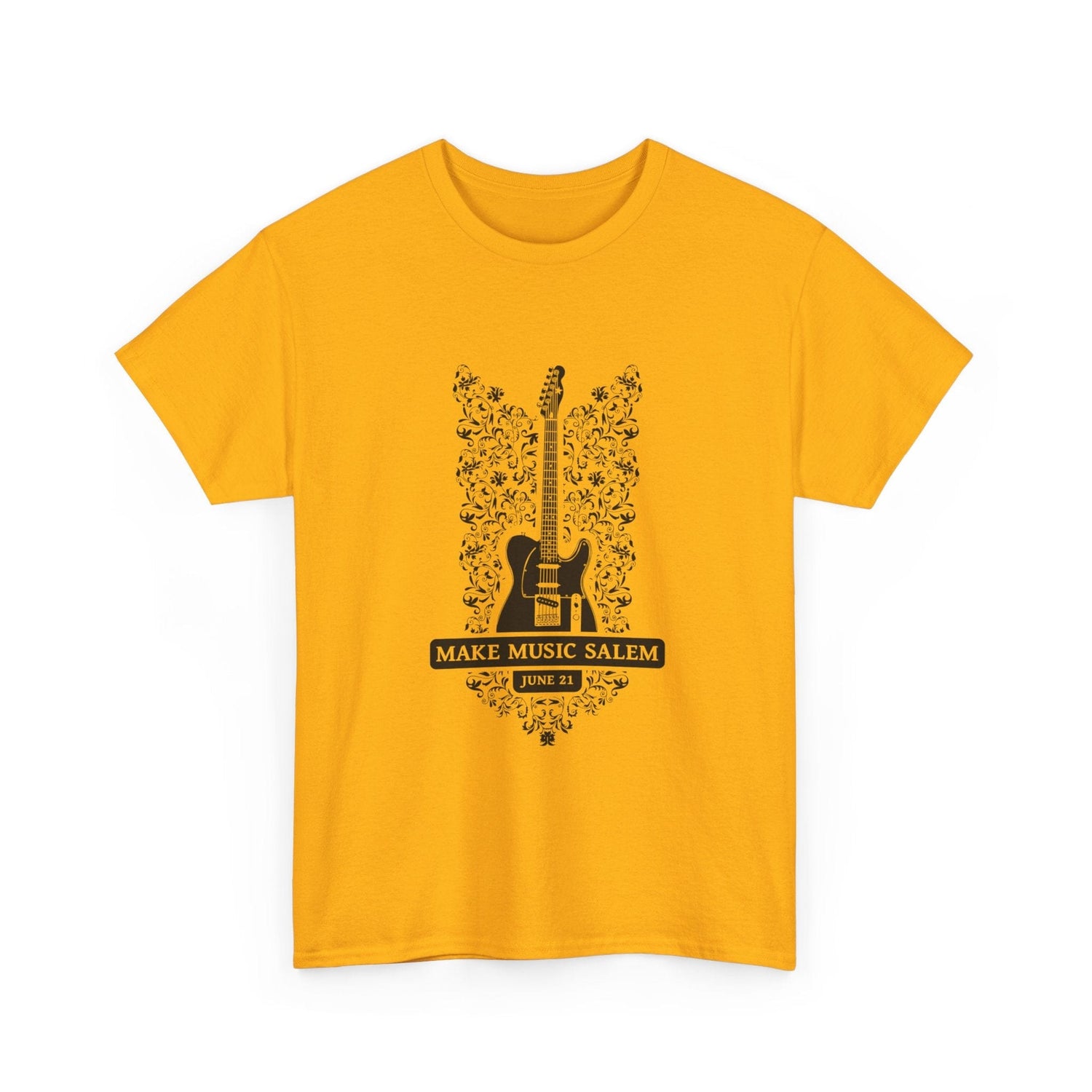 Make Music Day Salem Floral Guitar Black Logo T-Shirt T-Shirt Printify - RiverCity Rockstar Academy Music Store, Salem Keizer Oregon
