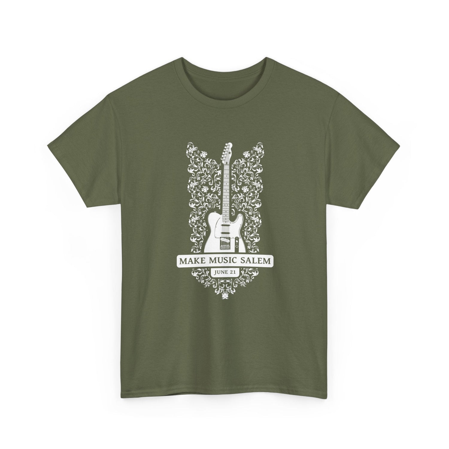 Make Music Day Salem Floral Guitar White Logo T-Shirt T-Shirt Printify - RiverCity Rockstar Academy Music Store, Salem Keizer Oregon