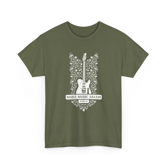 Make Music Day Salem Floral Guitar White Logo T-Shirt T-Shirt Printify - RiverCity Rockstar Academy Music Store, Salem Keizer Oregon