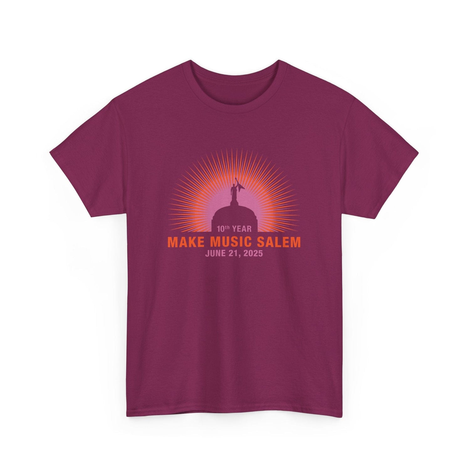 A vibrant Salem capital sunset t-shirt design celebrating Make Music Day with musical notes and city skyline graphics