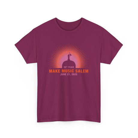 A vibrant Salem capital sunset t-shirt design celebrating Make Music Day with musical notes and city skyline graphics