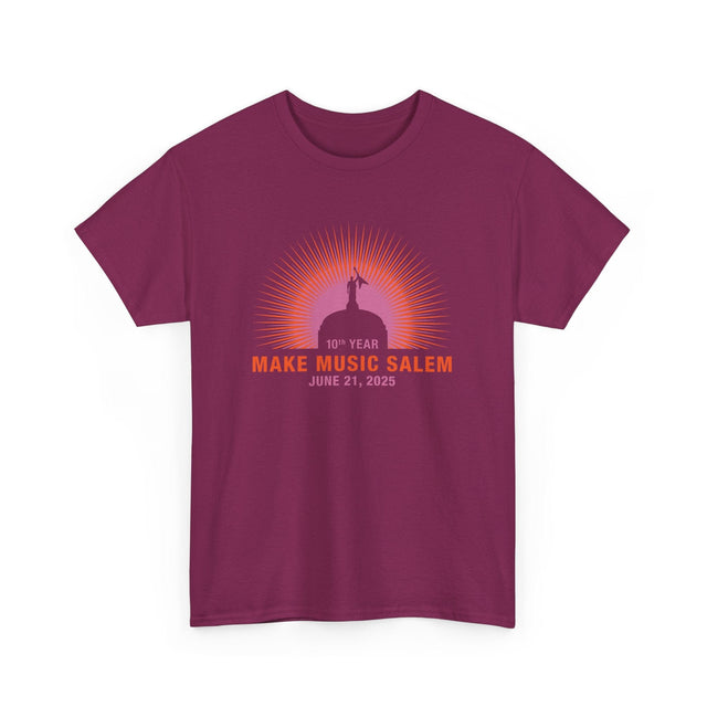 A vibrant Salem capital sunset t-shirt design celebrating Make Music Day with musical notes and city skyline graphics