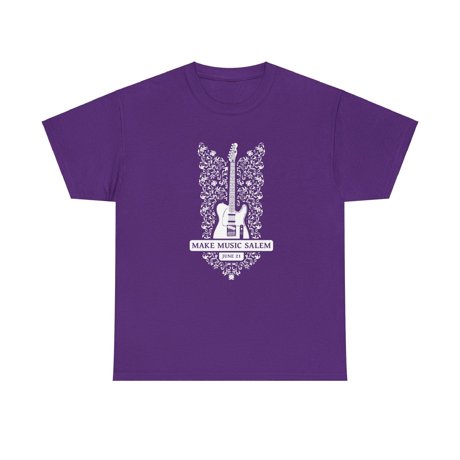 Make Music Day Salem Floral Guitar White Logo T-Shirt T-Shirt Printify - RiverCity Rockstar Academy Music Store, Salem Keizer Oregon