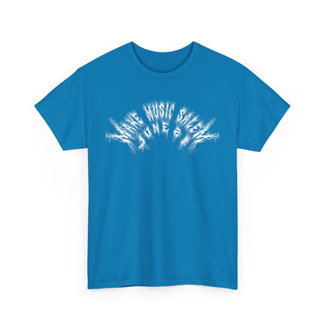 A vibrant Salem Metal T-Shirt celebrating Make Music Day with bold graphic design and metallic accents on a comfortable black fabric