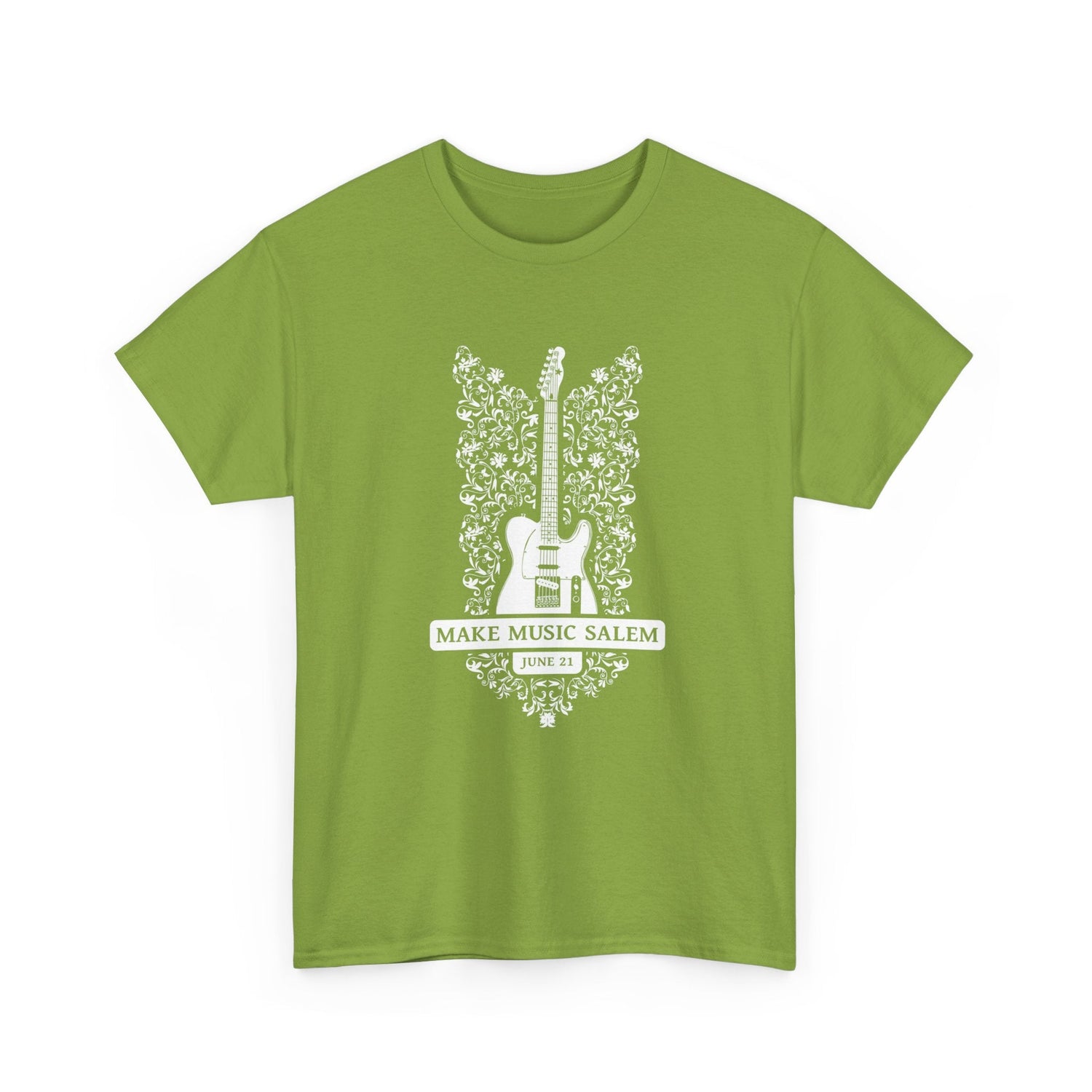 Make Music Day Salem Floral Guitar White Logo T-Shirt T-Shirt Printify - RiverCity Rockstar Academy Music Store, Salem Keizer Oregon