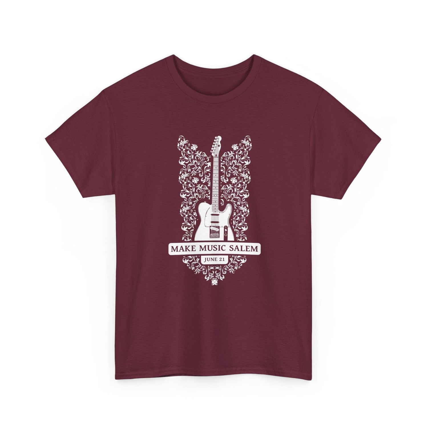 Make Music Day Salem Floral Guitar White Logo T-Shirt T-Shirt Printify - RiverCity Rockstar Academy Music Store, Salem Keizer Oregon
