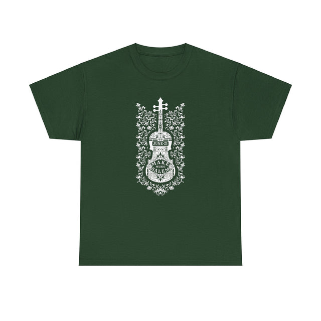 Make Music Day Salem Floral Violin White Logo T-Shirt T-Shirt Printify - RiverCity Rockstar Academy Music Store, Salem Keizer Oregon