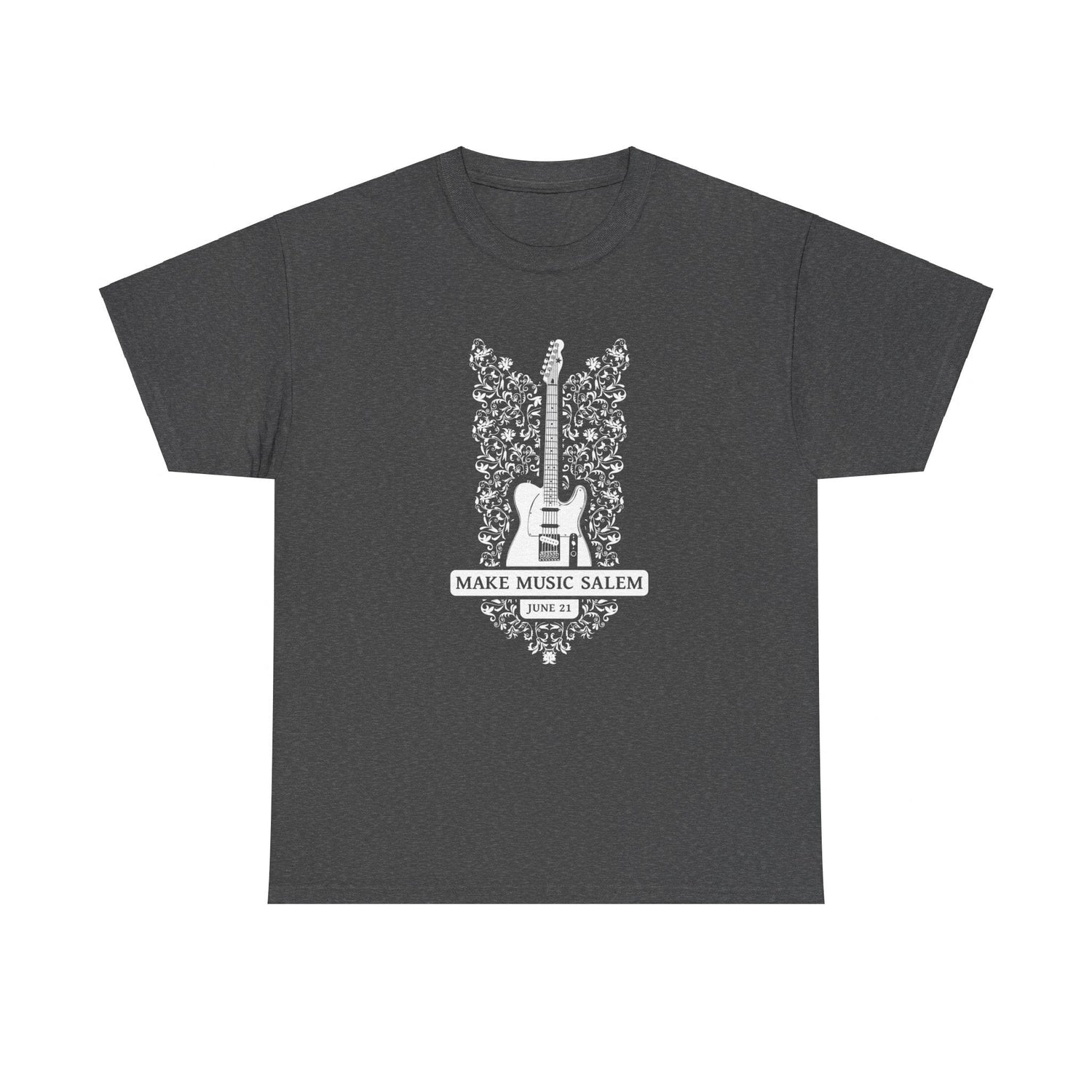 Make Music Day Salem Floral Guitar White Logo T-Shirt T-Shirt Printify - RiverCity Rockstar Academy Music Store, Salem Keizer Oregon