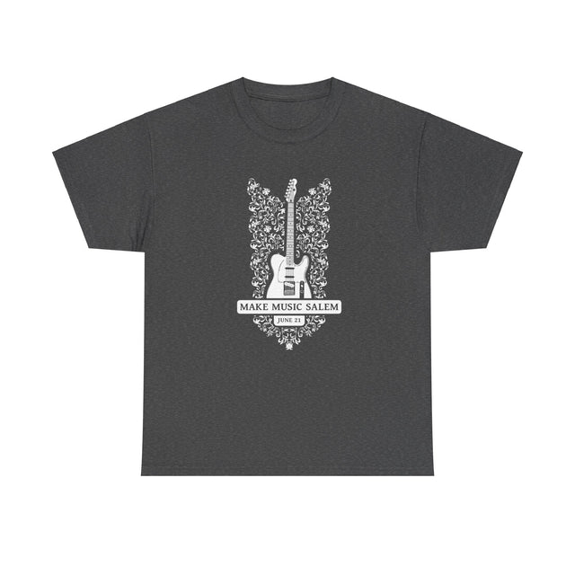 Make Music Day Salem Floral Guitar White Logo T-Shirt T-Shirt Printify - RiverCity Rockstar Academy Music Store, Salem Keizer Oregon