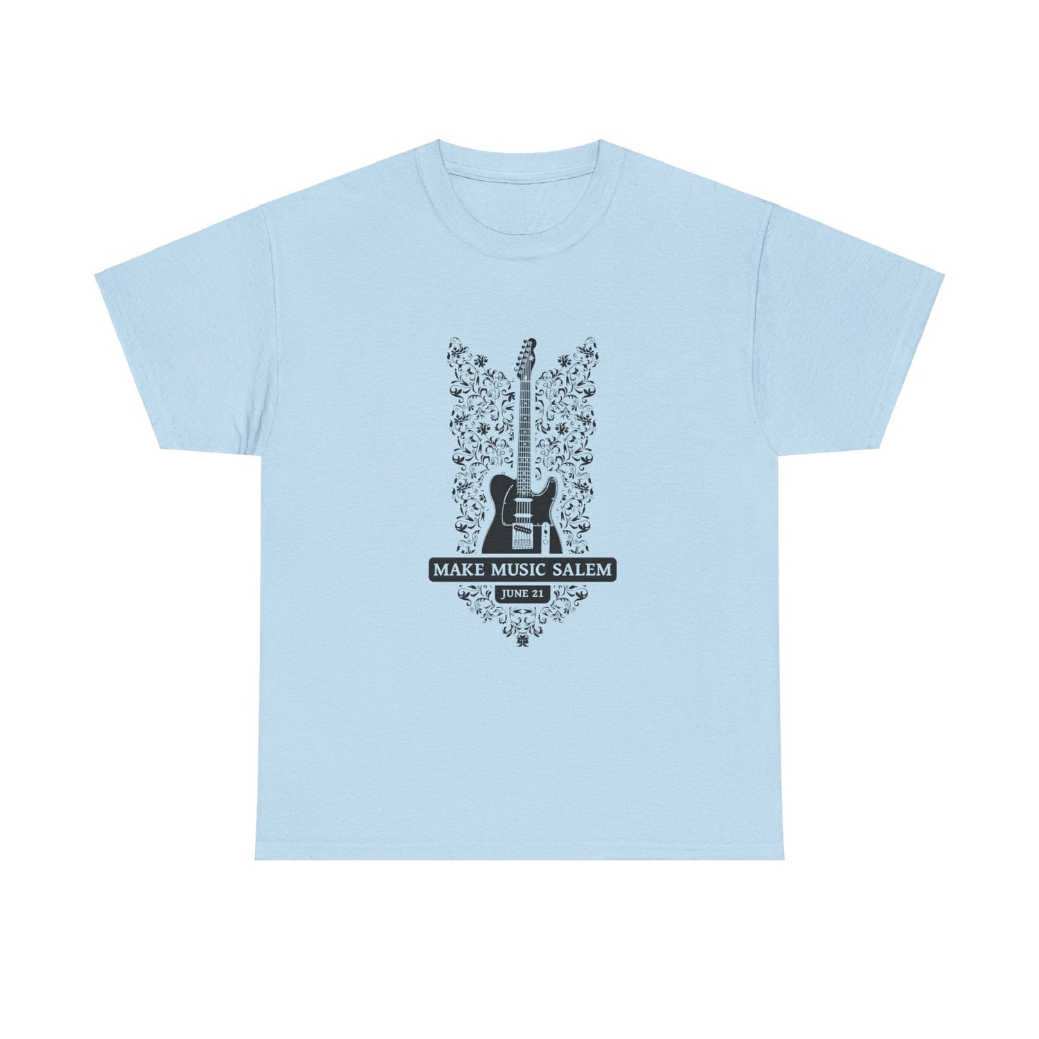 Make Music Day Salem Floral Guitar Black Logo T-Shirt T-Shirt Printify - RiverCity Rockstar Academy Music Store, Salem Keizer Oregon