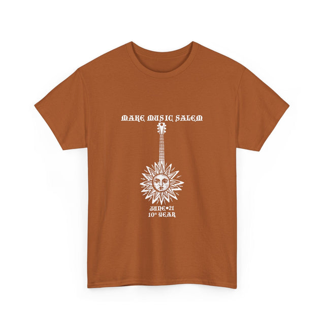 White Make Music Day Salem Sun Guitar Logo T-Shirt showcasing vibrant musical artwork and bold branding