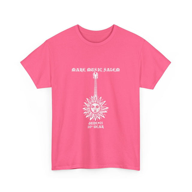 White Make Music Day Salem Sun Guitar Logo T-Shirt featuring vibrant musical artwork and branding design