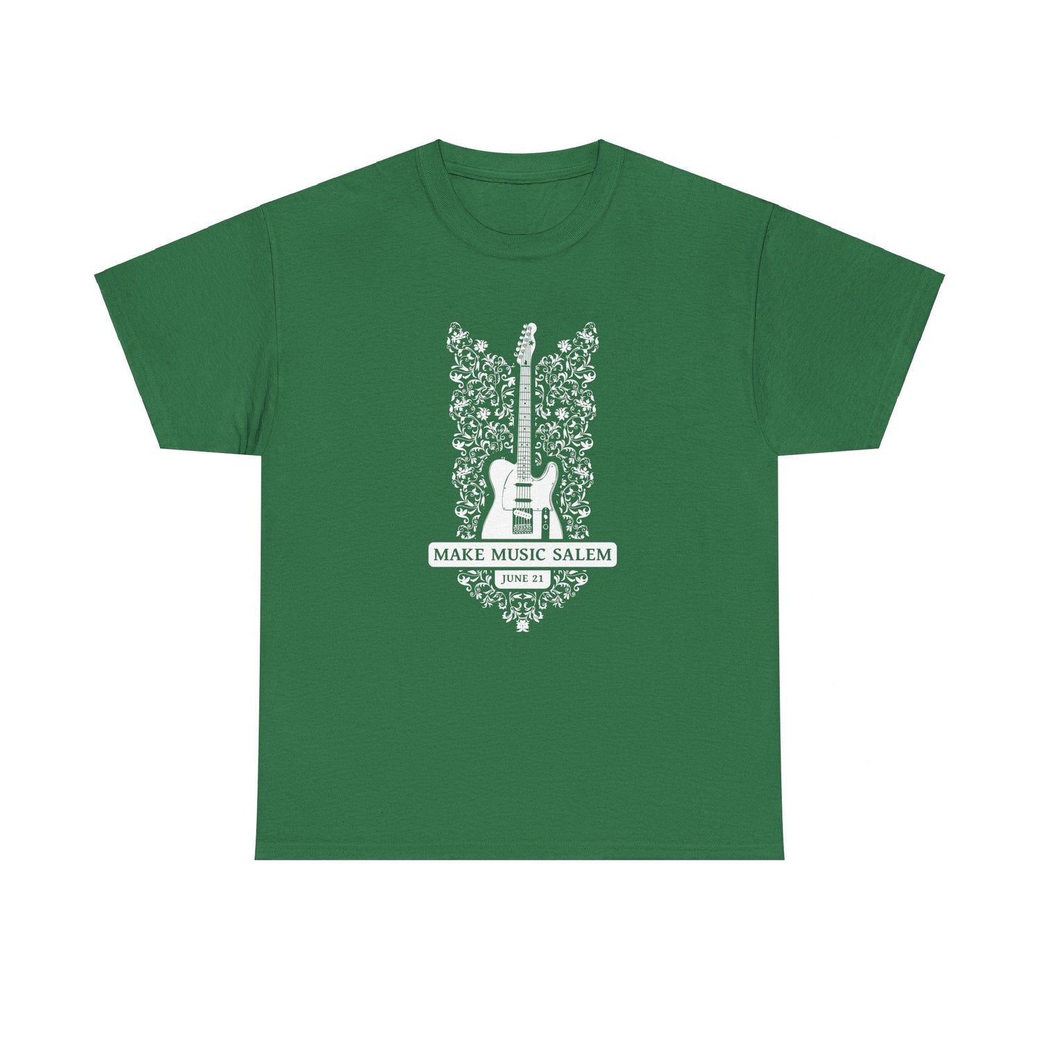 Make Music Day Salem Floral Guitar White Logo T-Shirt T-Shirt Printify - RiverCity Rockstar Academy Music Store, Salem Keizer Oregon