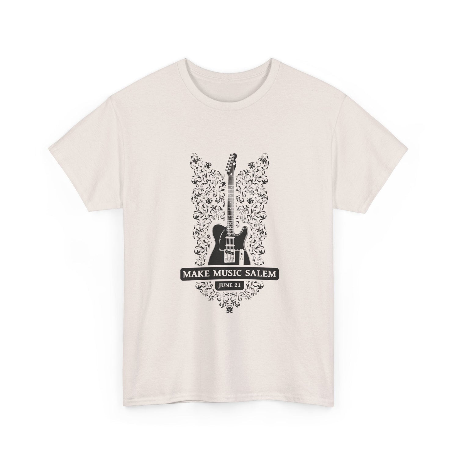 Make Music Day Salem Floral Guitar Black Logo T-Shirt T-Shirt Printify - RiverCity Rockstar Academy Music Store, Salem Keizer Oregon