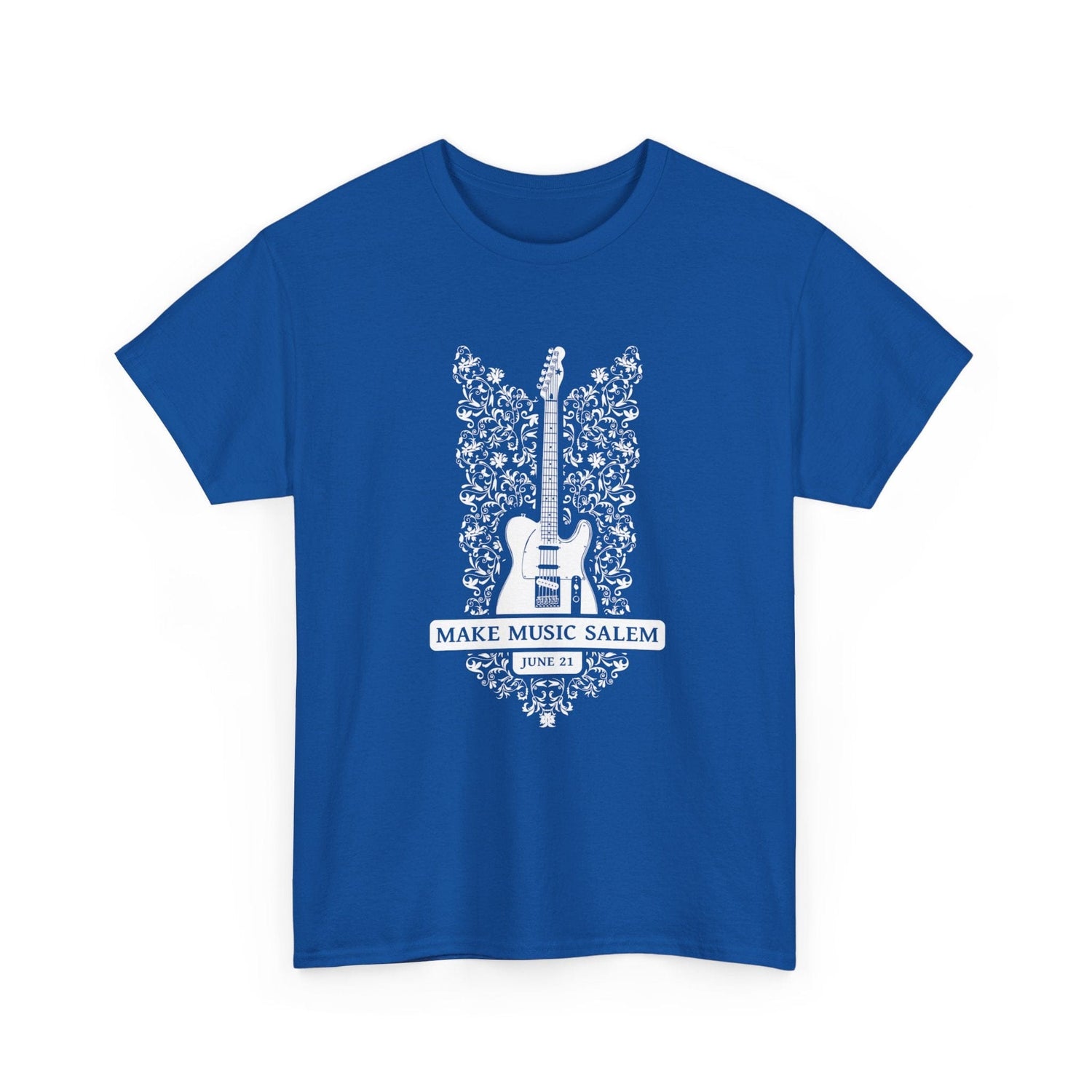 Make Music Day Salem Floral Guitar White Logo T-Shirt T-Shirt Printify - RiverCity Rockstar Academy Music Store, Salem Keizer Oregon
