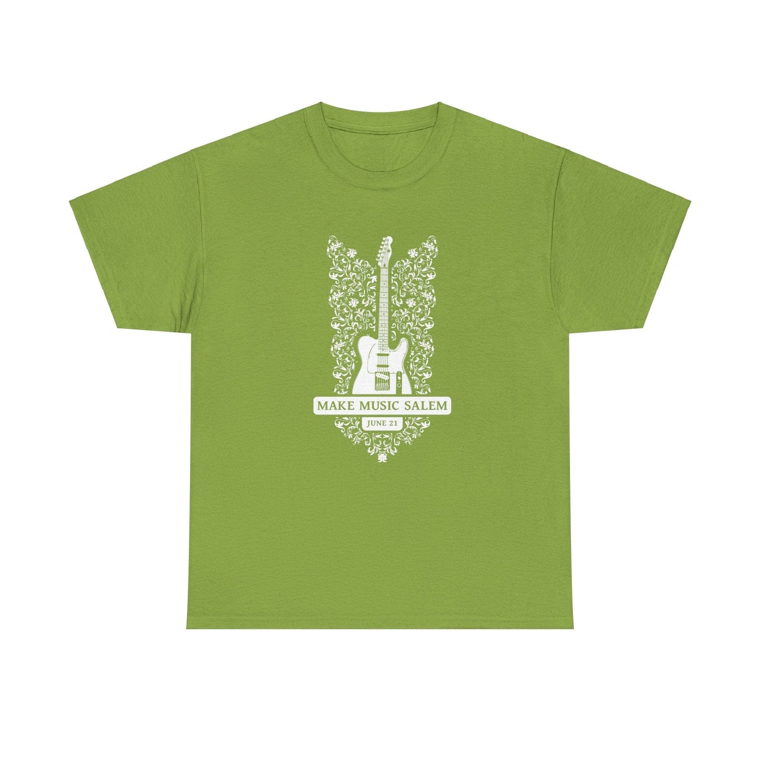 Make Music Day Salem Floral Guitar White Logo T-Shirt T-Shirt Printify - RiverCity Rockstar Academy Music Store, Salem Keizer Oregon