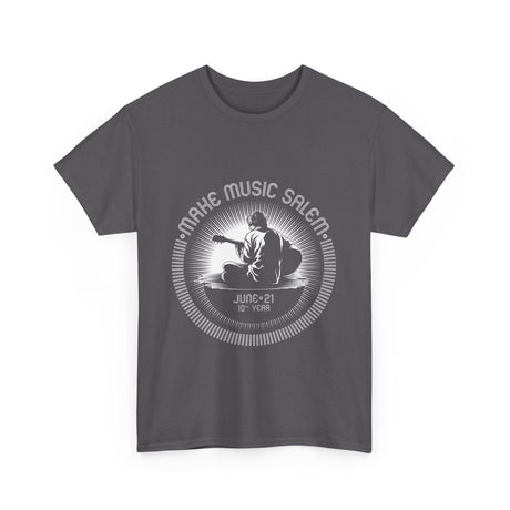Make Music Day Salem Guitar Guy White Logo T-Shirt featuring vibrant guitar graphic and event branding
