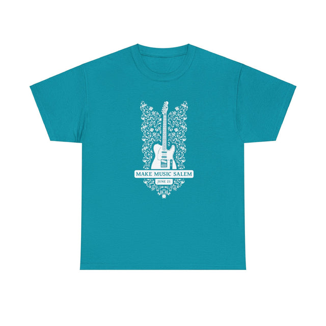 Make Music Day Salem Floral Guitar White Logo T-Shirt T-Shirt Printify - RiverCity Rockstar Academy Music Store, Salem Keizer Oregon