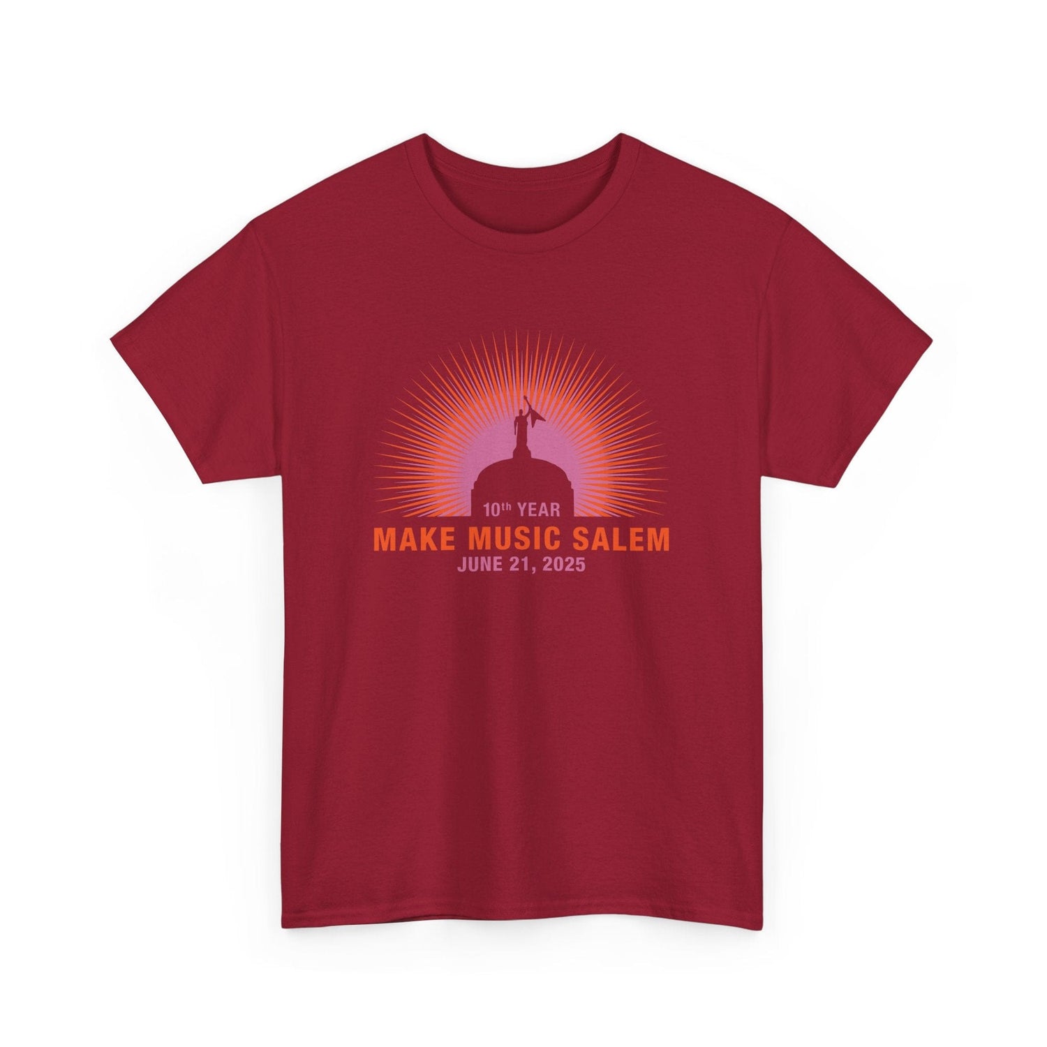 A vibrant Salem Capital Sunset T-Shirt celebrating Make Music Day with colorful musical notes and sunset imagery