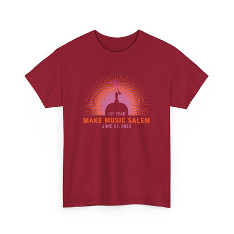 A vibrant Salem Capital Sunset T-Shirt celebrating Make Music Day with colorful musical notes and sunset imagery