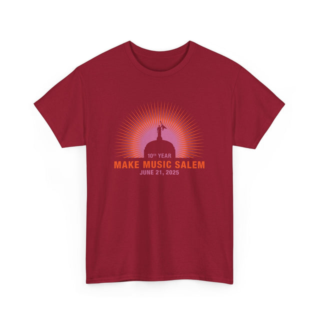 A vibrant Salem Capital Sunset T-Shirt celebrating Make Music Day with colorful musical notes and sunset imagery
