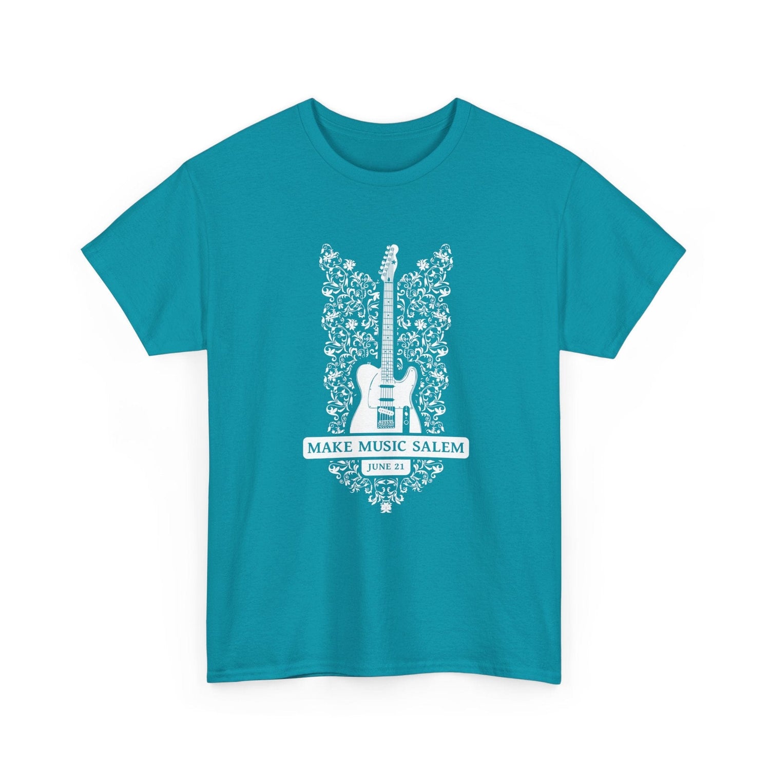 Make Music Day Salem Floral Guitar White Logo T-Shirt T-Shirt Printify - RiverCity Rockstar Academy Music Store, Salem Keizer Oregon