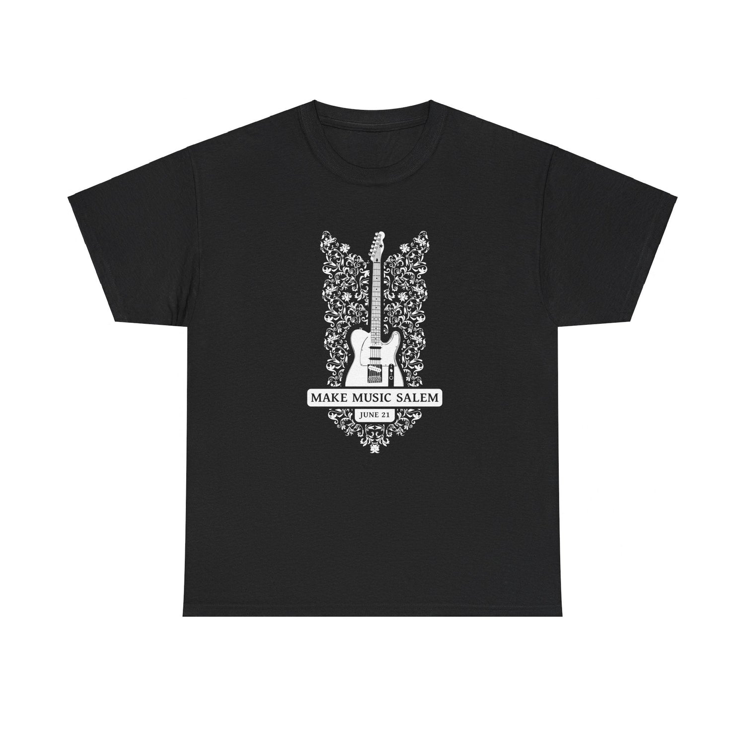 Make Music Day Salem Floral Guitar White Logo T-Shirt T-Shirt Printify - RiverCity Rockstar Academy Music Store, Salem Keizer Oregon