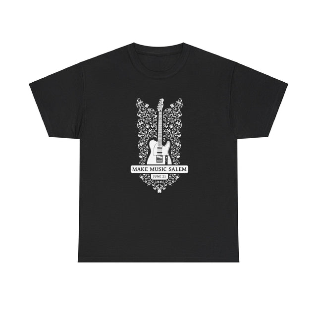 Make Music Day Salem Floral Guitar White Logo T-Shirt T-Shirt Printify - RiverCity Rockstar Academy Music Store, Salem Keizer Oregon