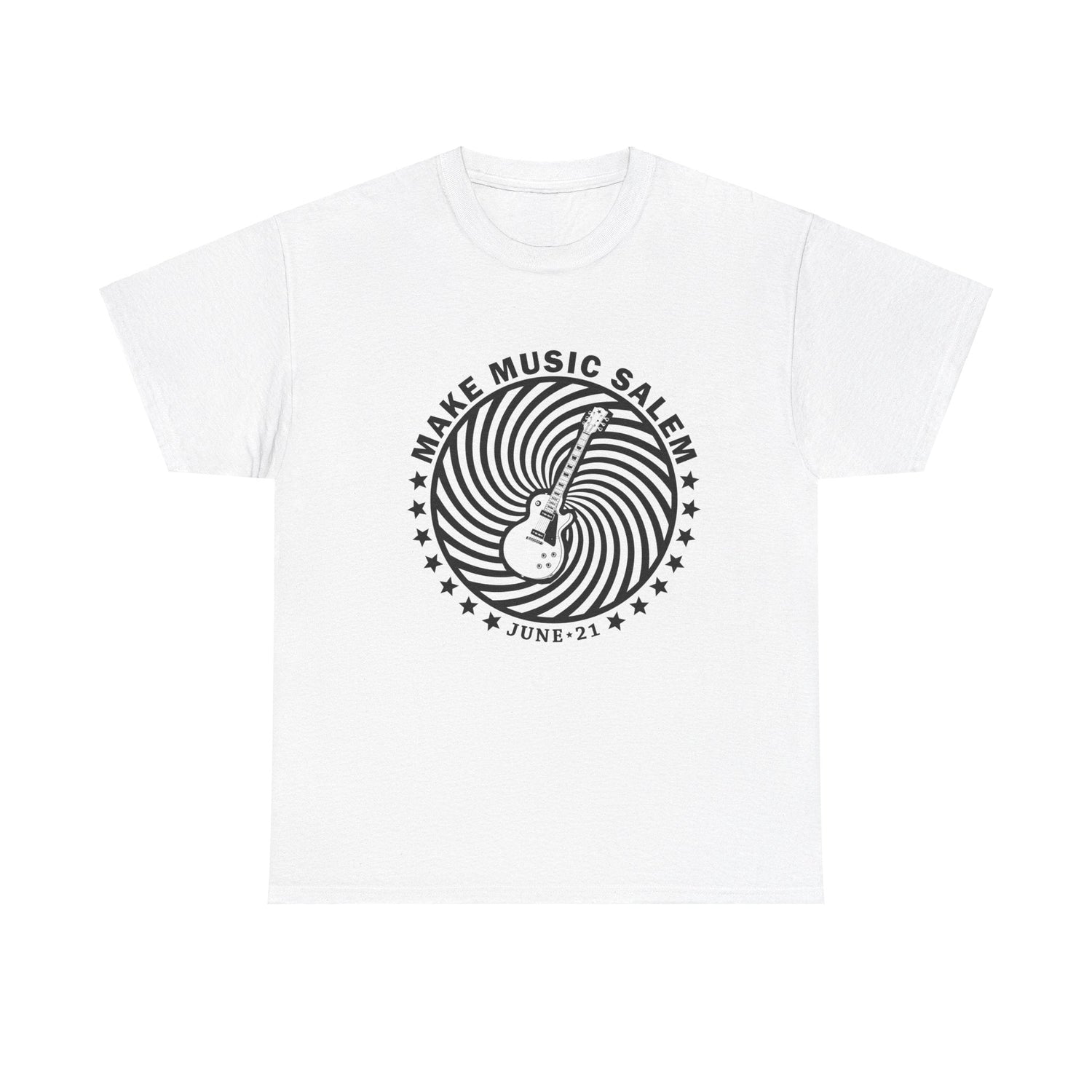 Make Music Salem Spiral Guitar T-Shirt T-Shirt Printify - RiverCity Rockstar Academy Music Store, Salem Keizer Oregon