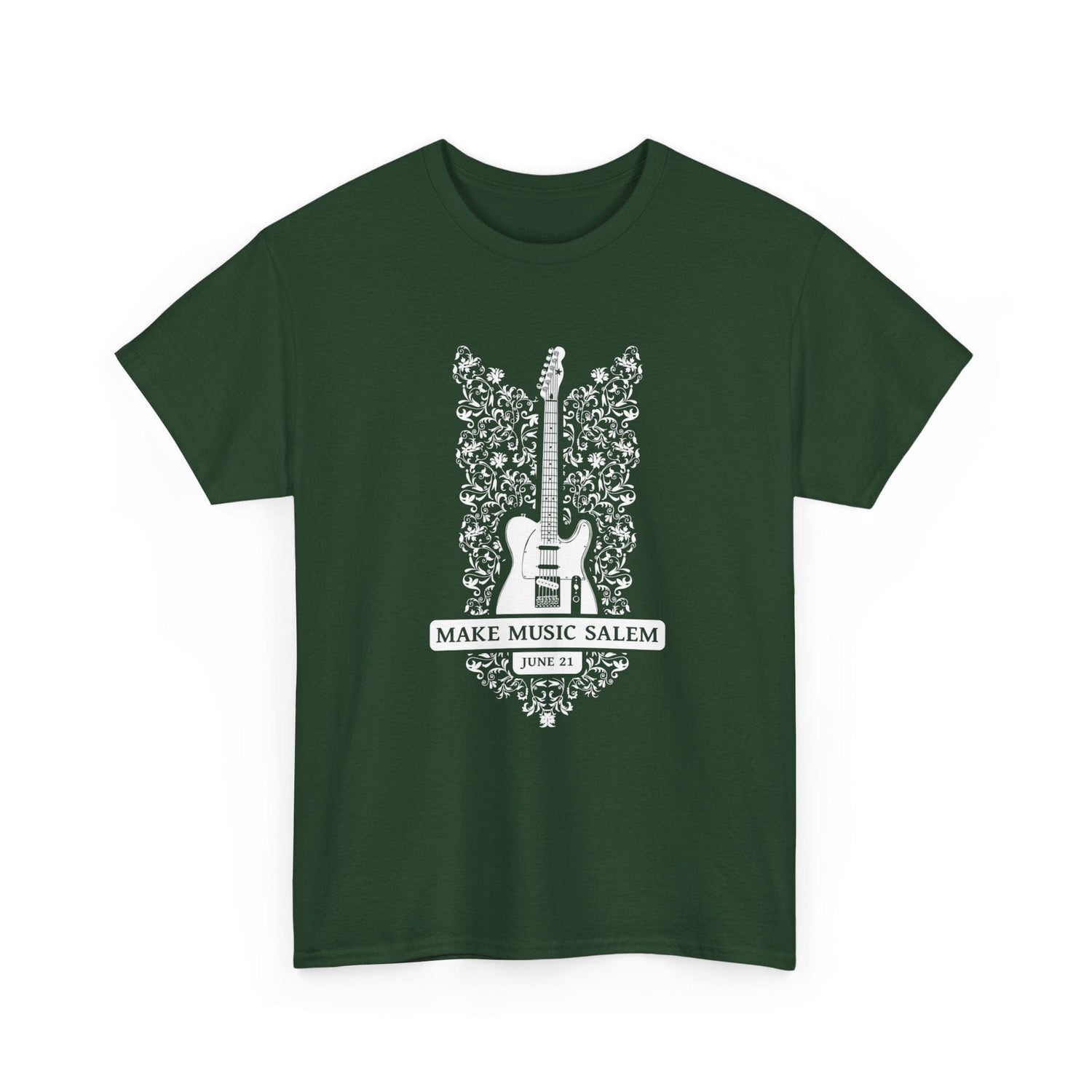Make Music Day Salem Floral Guitar White Logo T-Shirt T-Shirt Printify - RiverCity Rockstar Academy Music Store, Salem Keizer Oregon
