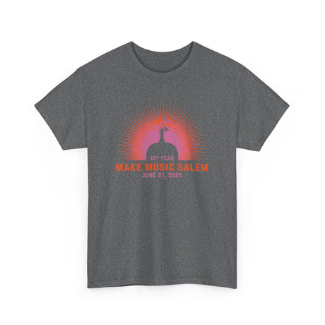 A vibrant Salem Capital Sunset T-Shirt celebrating Make Music Day with bold colorful design and musical imagery
