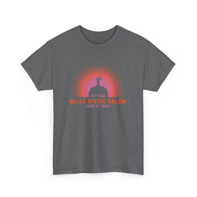 A vibrant Salem Capital Sunset T-Shirt celebrating Make Music Day with bold colorful design and musical imagery