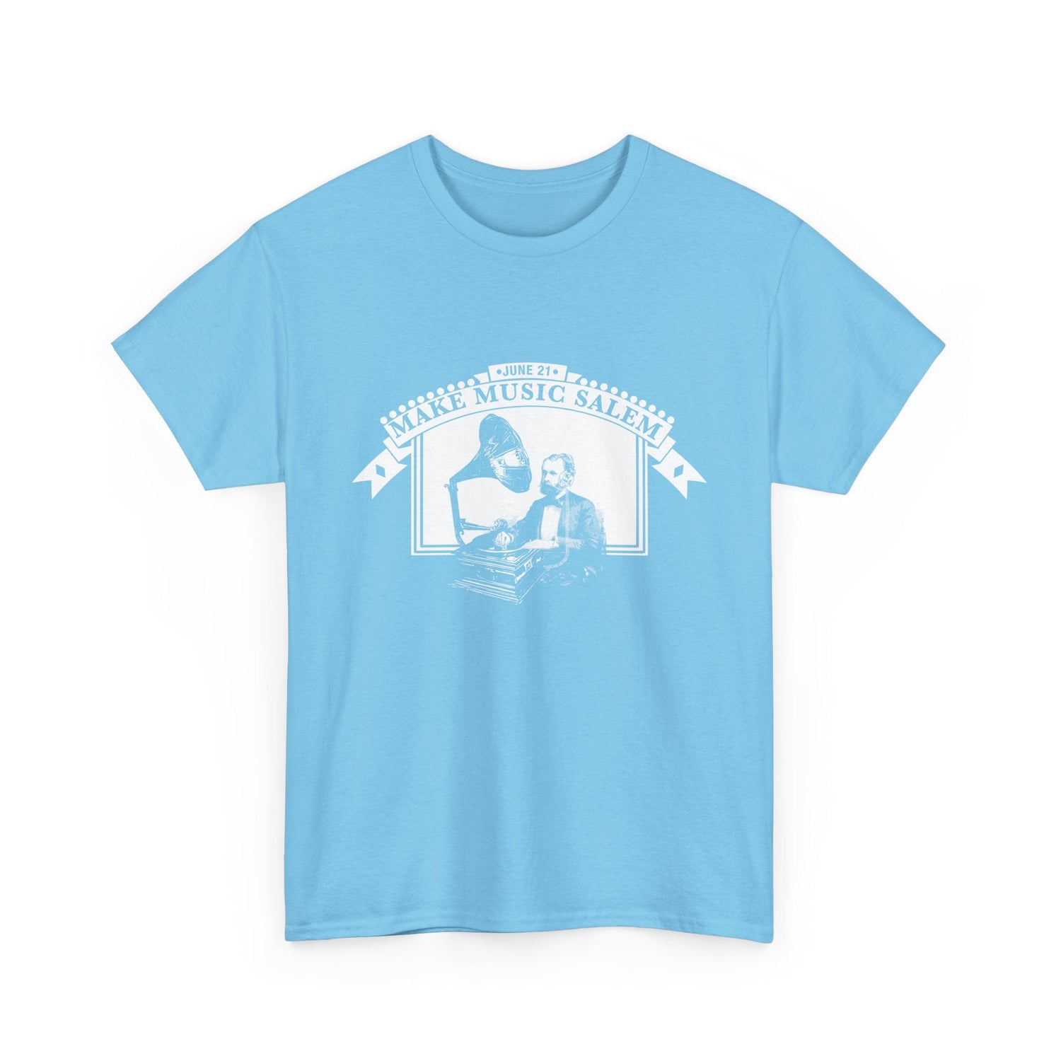 Make Music Day Salem Turntable White Logo T-Shirt T-Shirt Printify - RiverCity Rockstar Academy Music Store, Salem Keizer Oregon