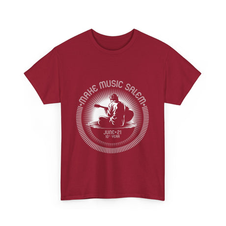 White T-shirt featuring the Make Music Day Salem Guitar Guy logo, perfect for music enthusiasts and guitar lovers