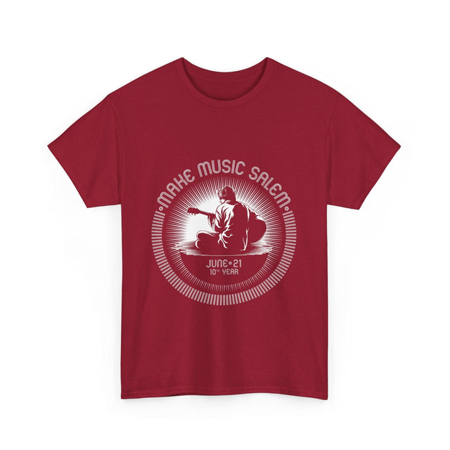 White T-shirt featuring the Make Music Day Salem Guitar Guy logo, perfect for music enthusiasts and guitar lovers