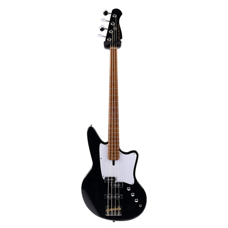 Front angle highlighting the stylish gloss black finish, pickguard options, and resonant poplar body of the Ashdown Saint Bass