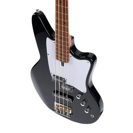 Close-up of the P & J Alnico pickups and glossy black body of the Ashdown Saint Bass Guitar