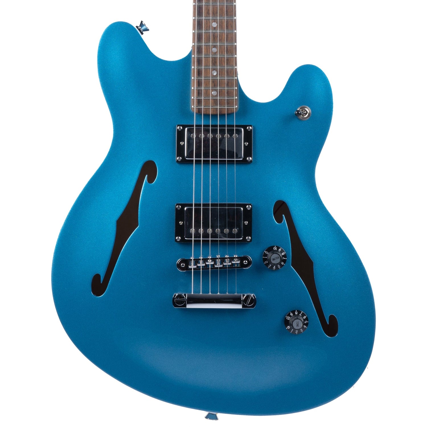 Blue electric guitar on a white background