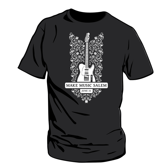 Make Music Salem Floral Guitar White Logo Black T-Shirt (POS)