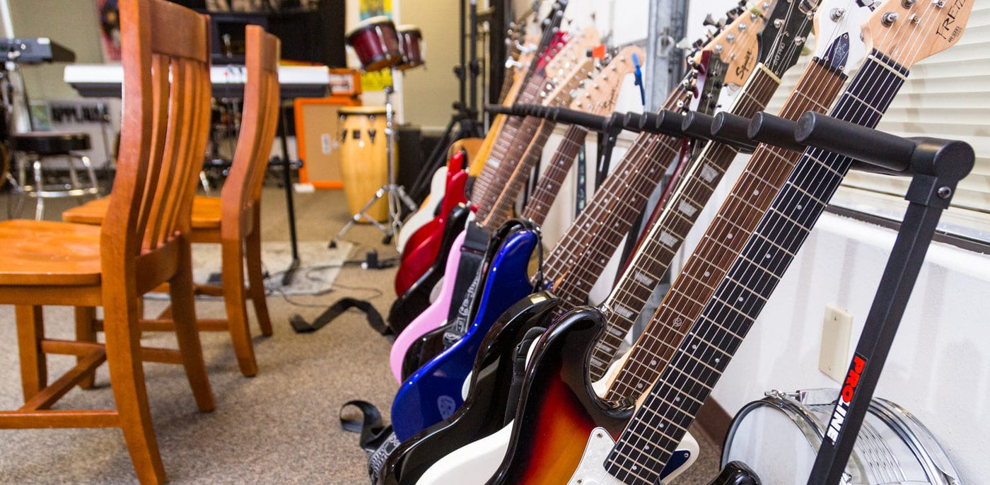 instruments tuned-up and ready for a workshop and lessons