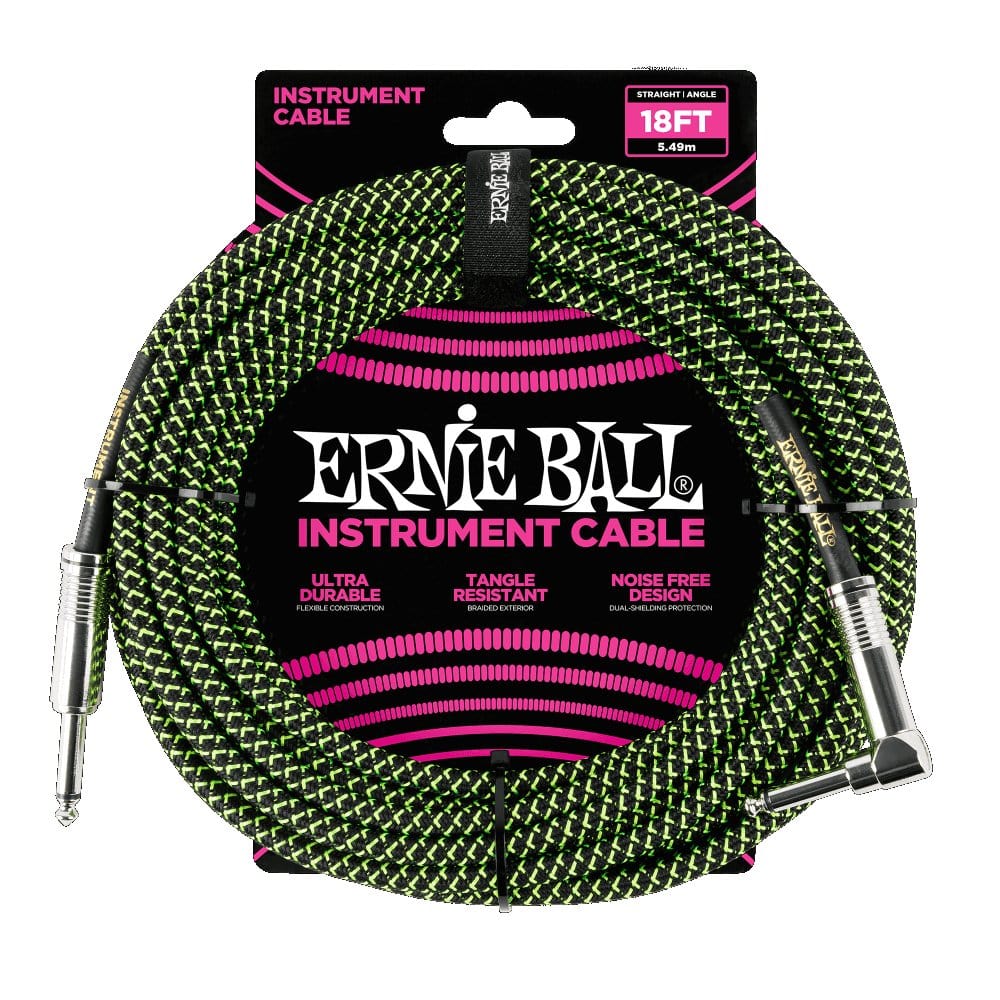 Ernie Ball 18ft Braided Straight Angle Instrument Cable Black Green Cables Ernie Ball - RiverCity Rockstar Academy Music Store, Salem Keizer Oregon