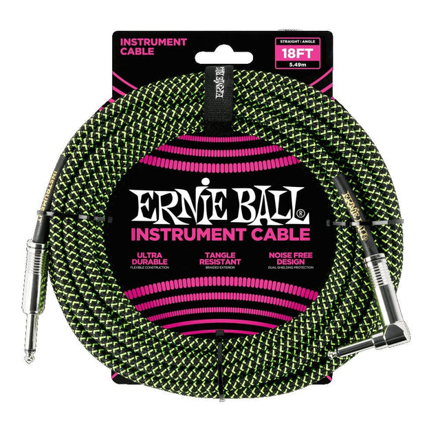 Ernie Ball 18ft Braided Straight Angle Instrument Cable Black Green Cables Ernie Ball - RiverCity Rockstar Academy Music Store, Salem Keizer Oregon
