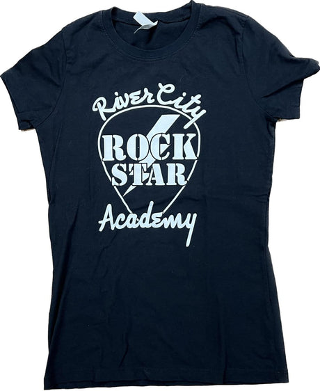 Women's RiverCity Rock Star Academy Logo T-Shirt in White | Durable Black Fabric - Lightning Bolt Logo Print Apparel RiverCity Music Store - RiverCity Rockstar Academy Music Store, Salem Keizer Oregon