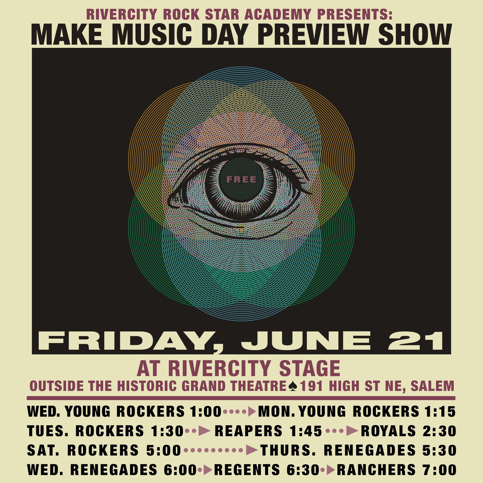 rivercity preview show poster for all programs at make music salem 2024