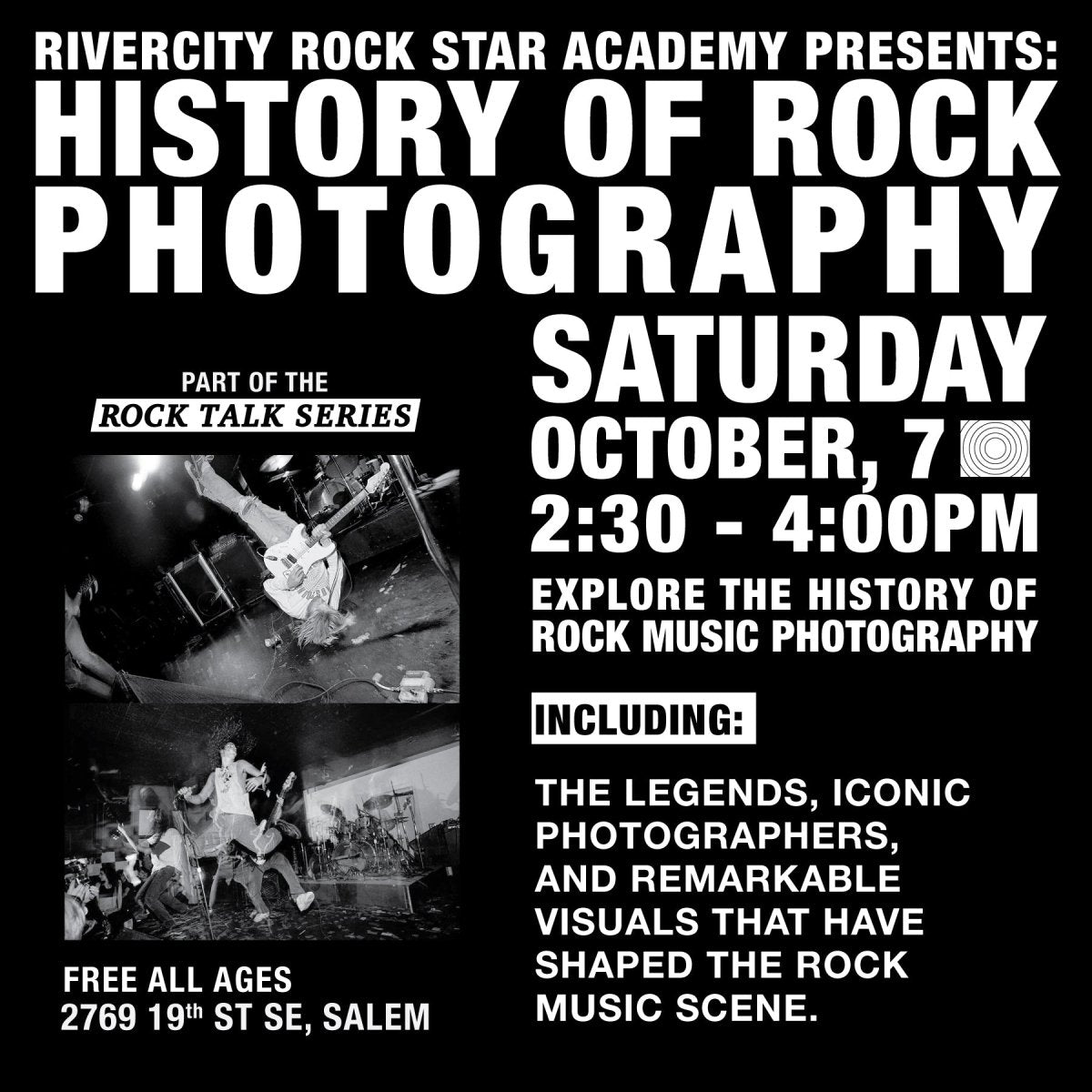 HISTORY OF ROCK PHOTOGRAPHY: FREE ROCK TALK EVENT AT RIVERCITY - RiverCity Rockstar Academy Music Store