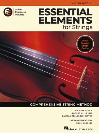 Illustration of the Essential Elements for Strings Violin Book 1, featuring the updated cover design with colorful imagery and text highlighting the comprehensive beginner violin method