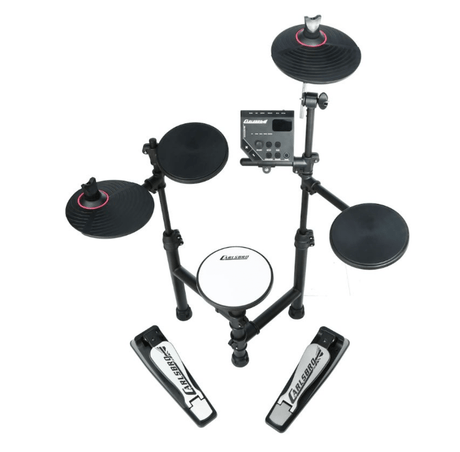 A musician playing the Carlsbro CLUB100 Electronic Drum Kit on stage with colorful lighting